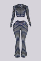 Three piece striped set featuring a bralette top and pants and matching cropped hoodie