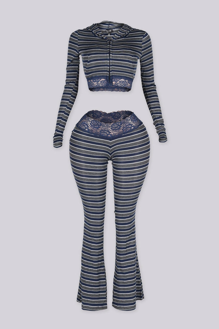 Three piece striped set featuring a bralette top and pants and matching cropped hoodie