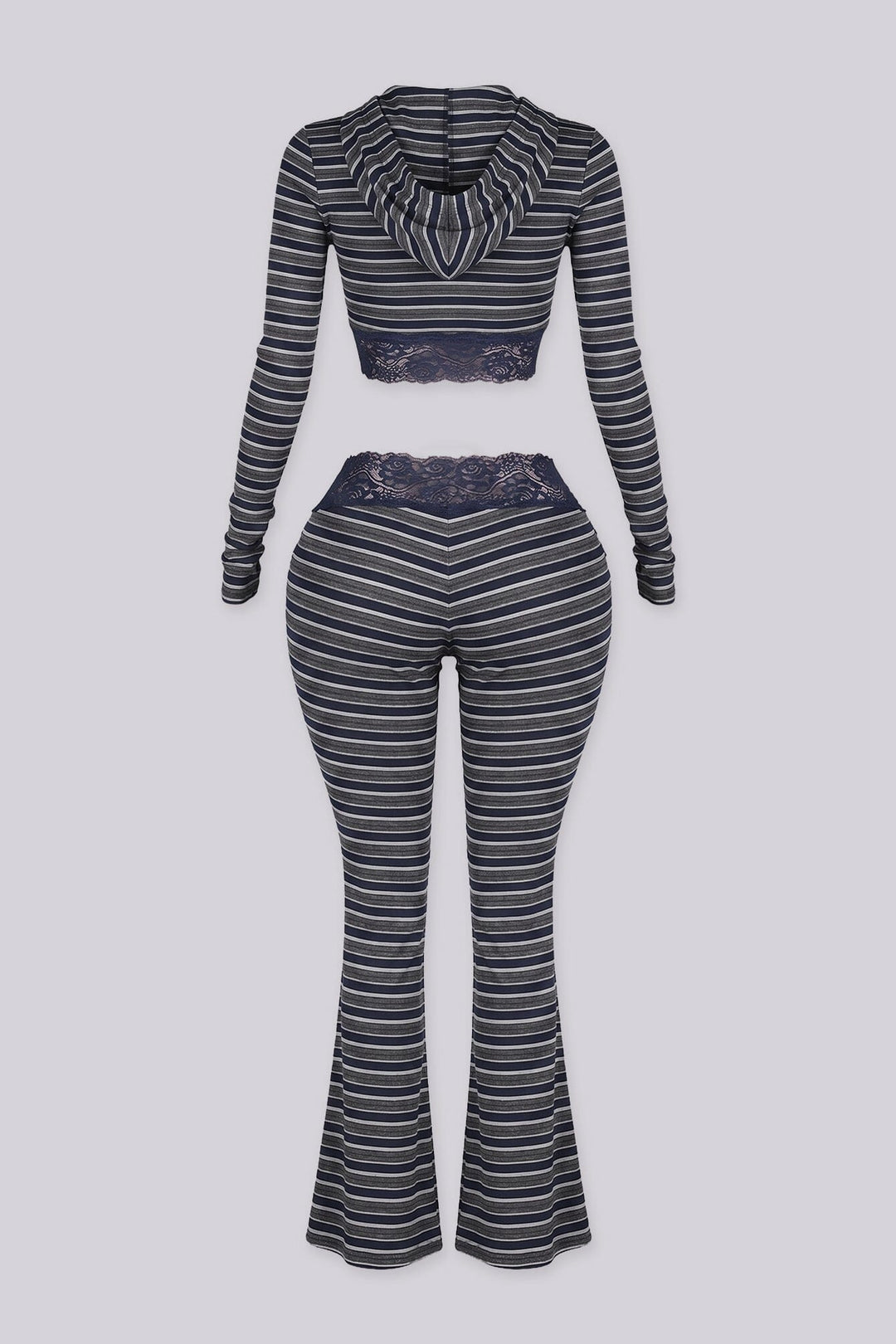 Three piece striped set featuring a bralette top and pants and matching cropped hoodie
