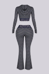 Three piece striped set featuring a bralette top and pants and matching cropped hoodie