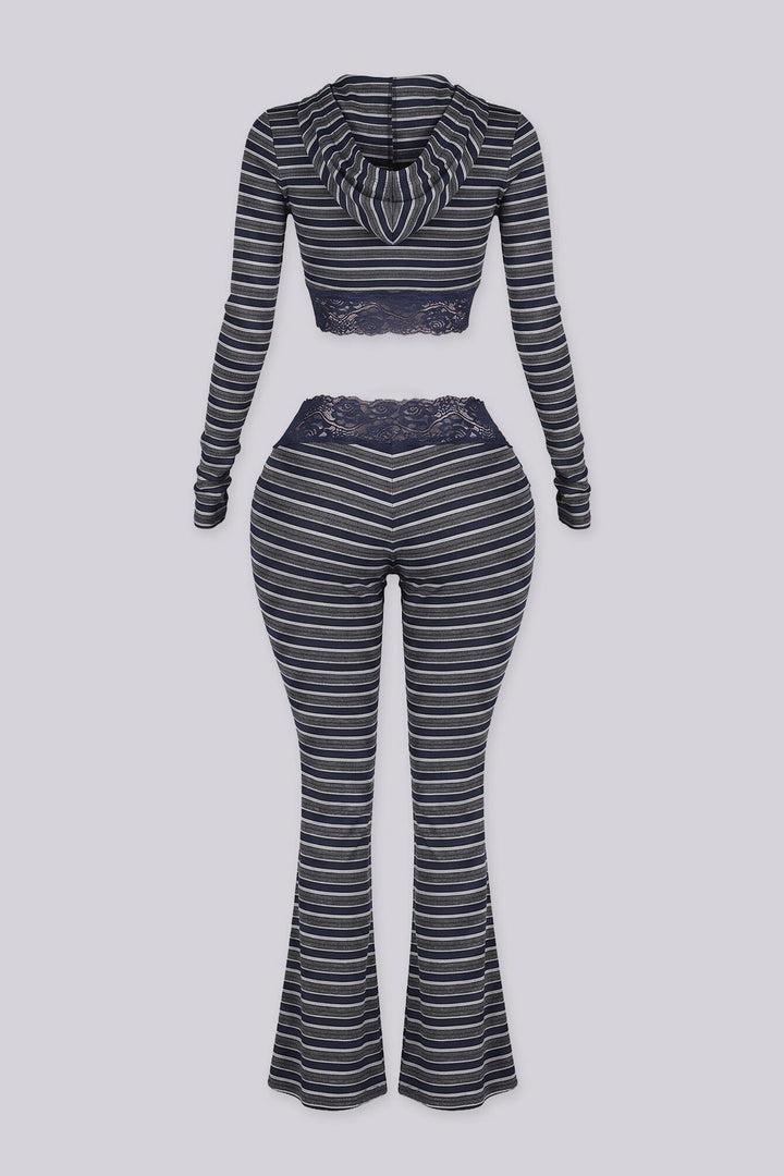 Three piece striped set featuring a bralette top and pants and matching cropped hoodie