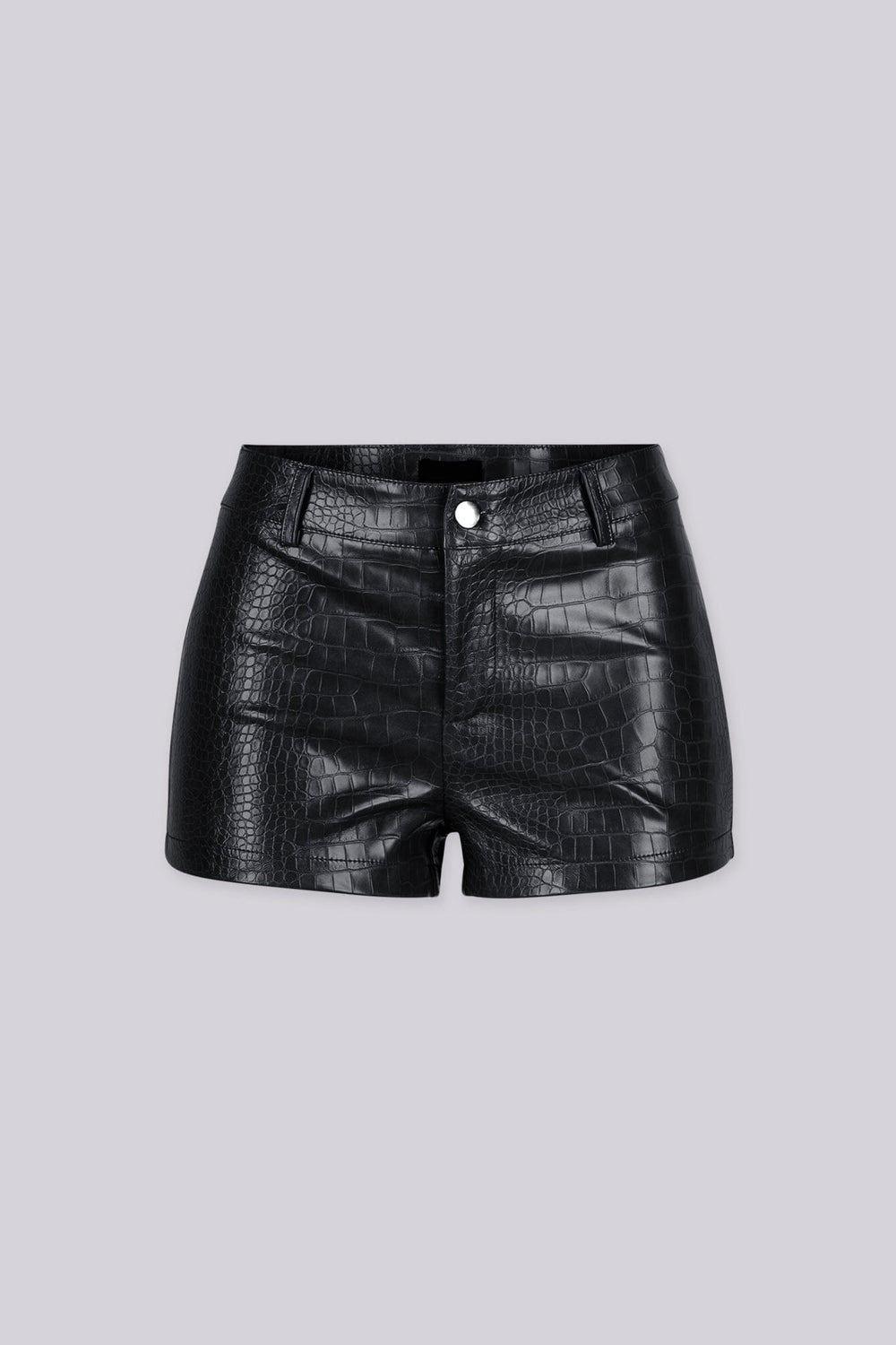 High waisted tailored fit shorts featuring textured croc embossed faux leather