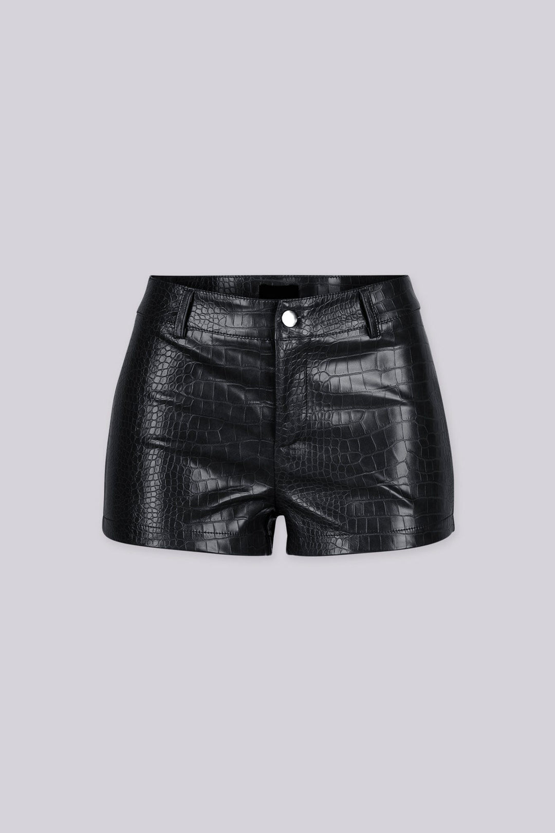 High waisted tailored fit shorts featuring textured croc embossed faux leather