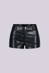 High waisted tailored fit shorts featuring textured croc embossed faux leather