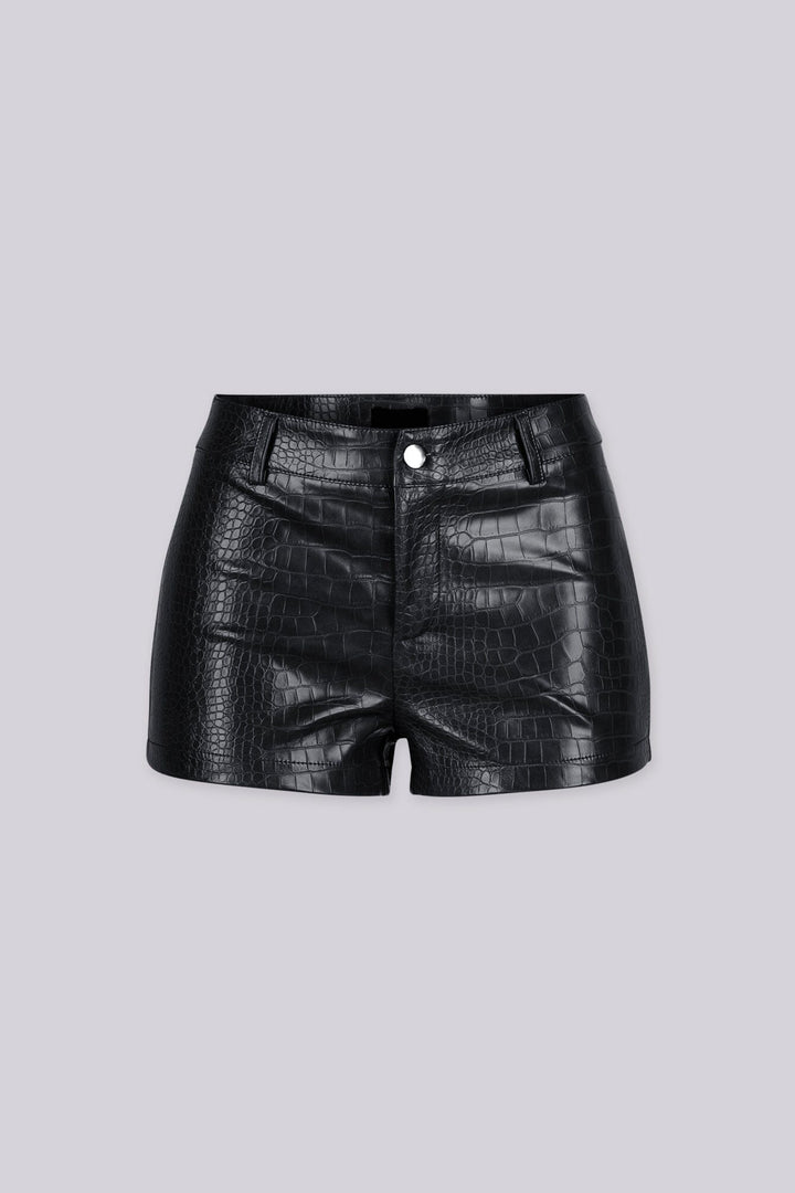High waisted tailored fit shorts featuring textured croc embossed faux leather