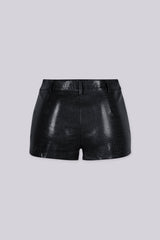 High waisted tailored fit shorts featuring textured croc embossed faux leather