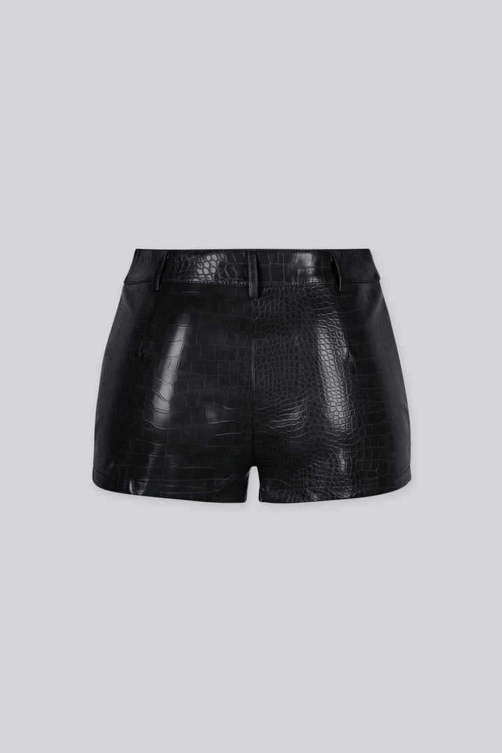 High waisted tailored fit shorts featuring textured croc embossed faux leather