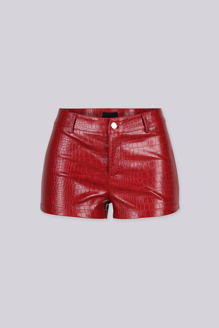 High waisted tailored fit shorts featuring textured croc embossed faux leather