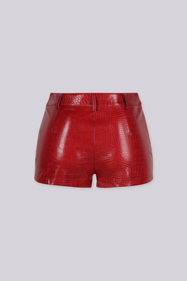 High waisted tailored fit shorts featuring textured croc embossed faux leather