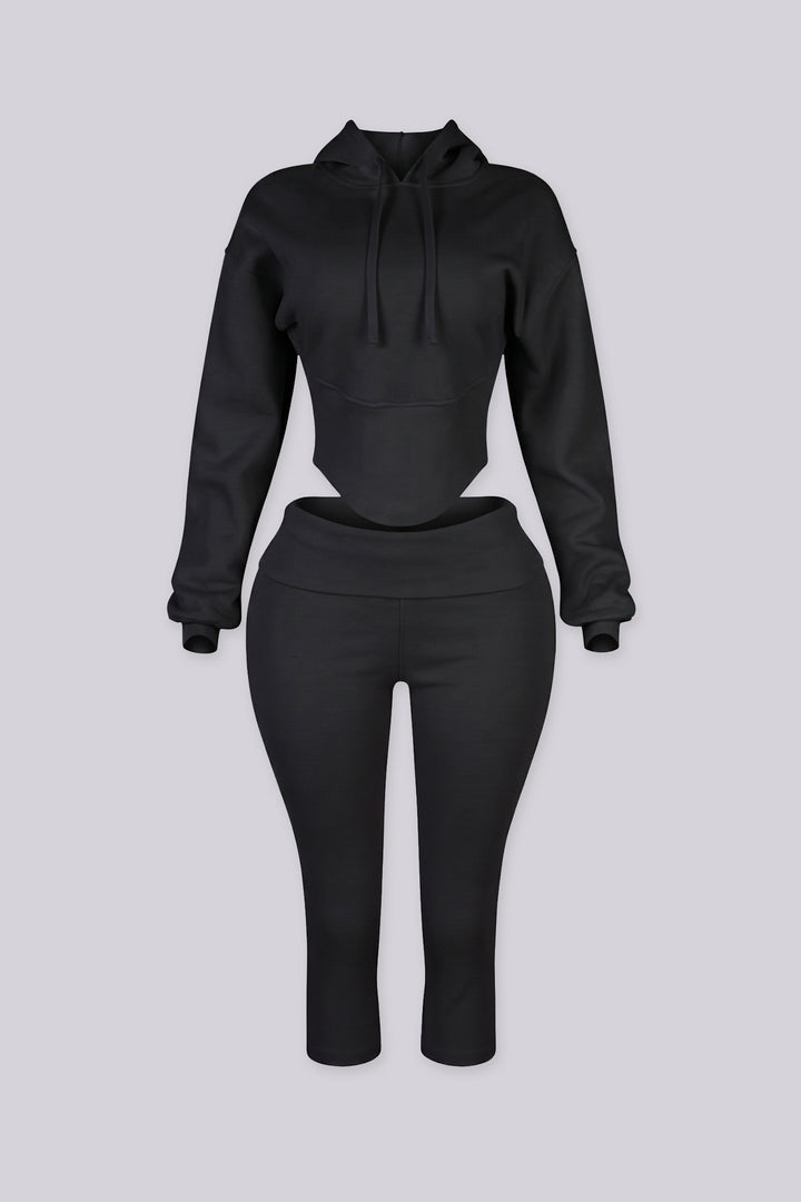 Cropped long sleeve hoodie with drawstring hood and curved ribbed hem