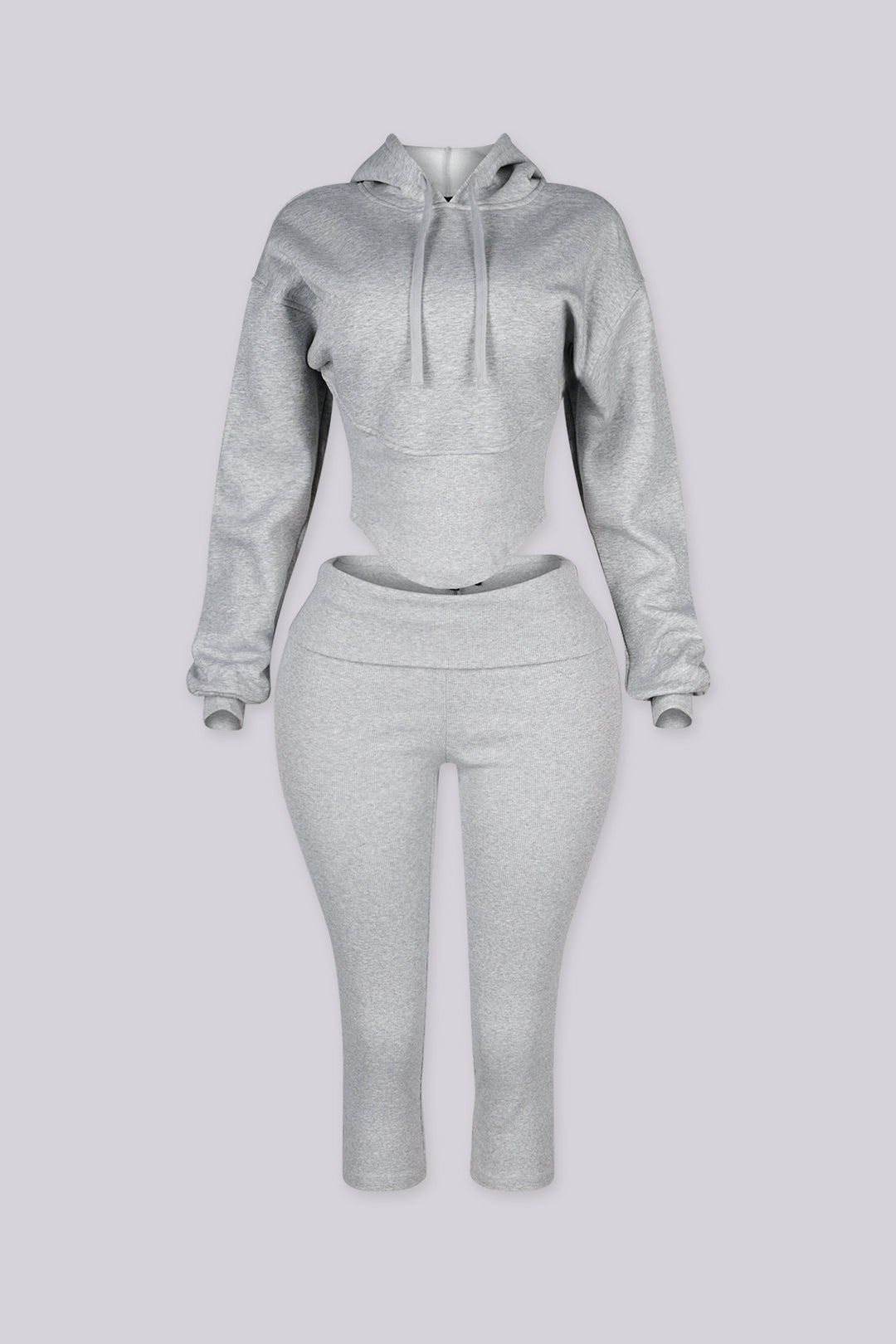 Cropped long sleeve hoodie with drawstring hood and curved ribbed hem