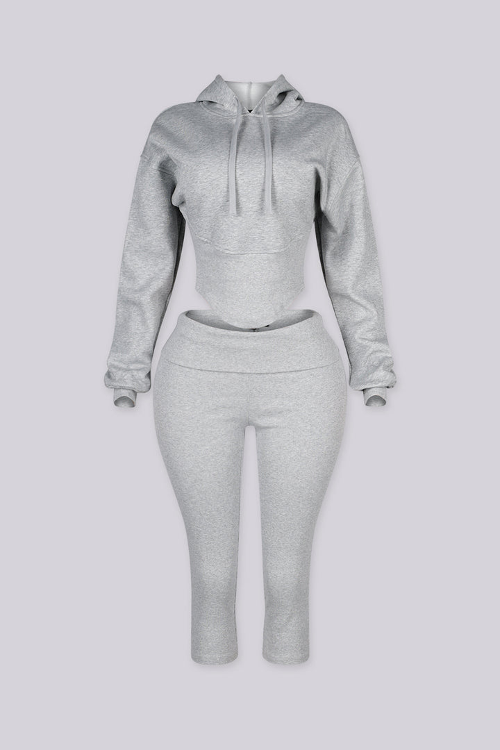 Cropped long sleeve hoodie with drawstring hood and curved ribbed hem