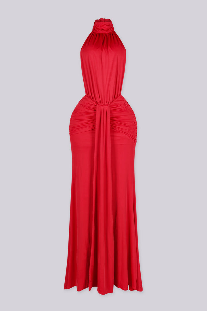 Halter neckline maxi dress featuring open cutout sides at the waist