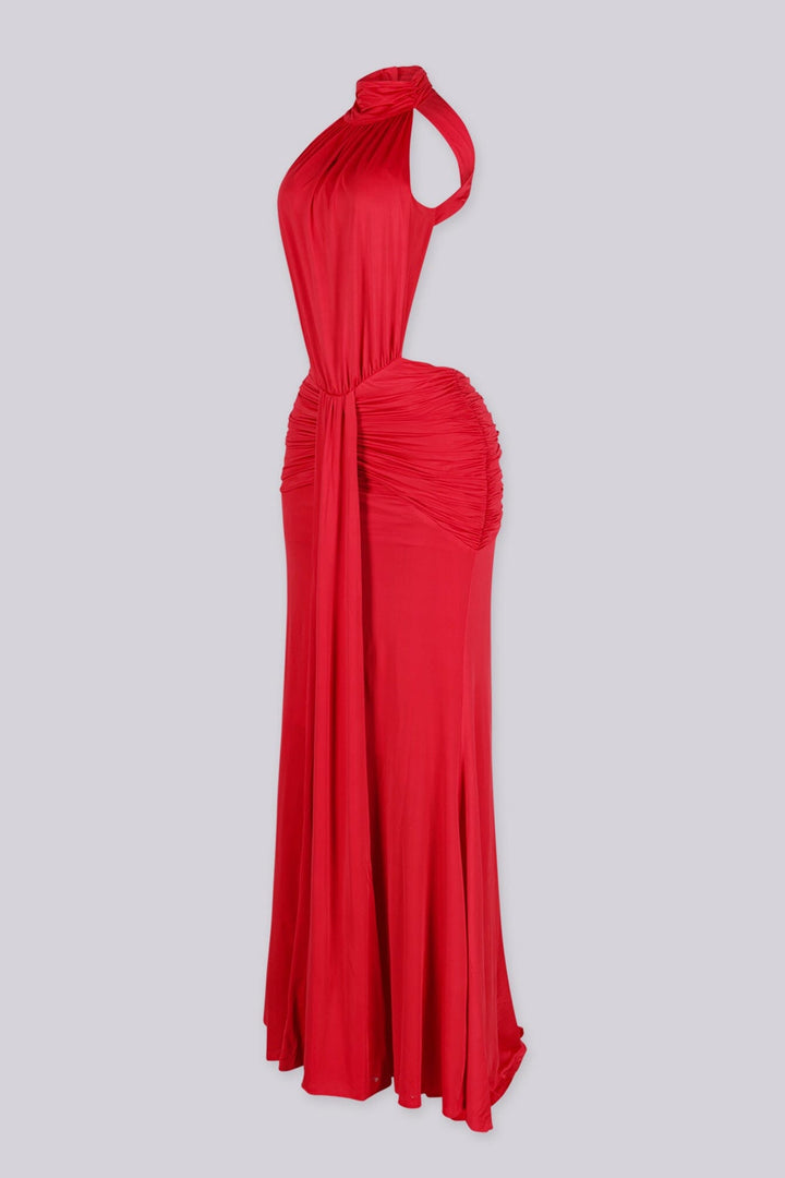 Halter neckline maxi dress featuring open cutout sides at the waist