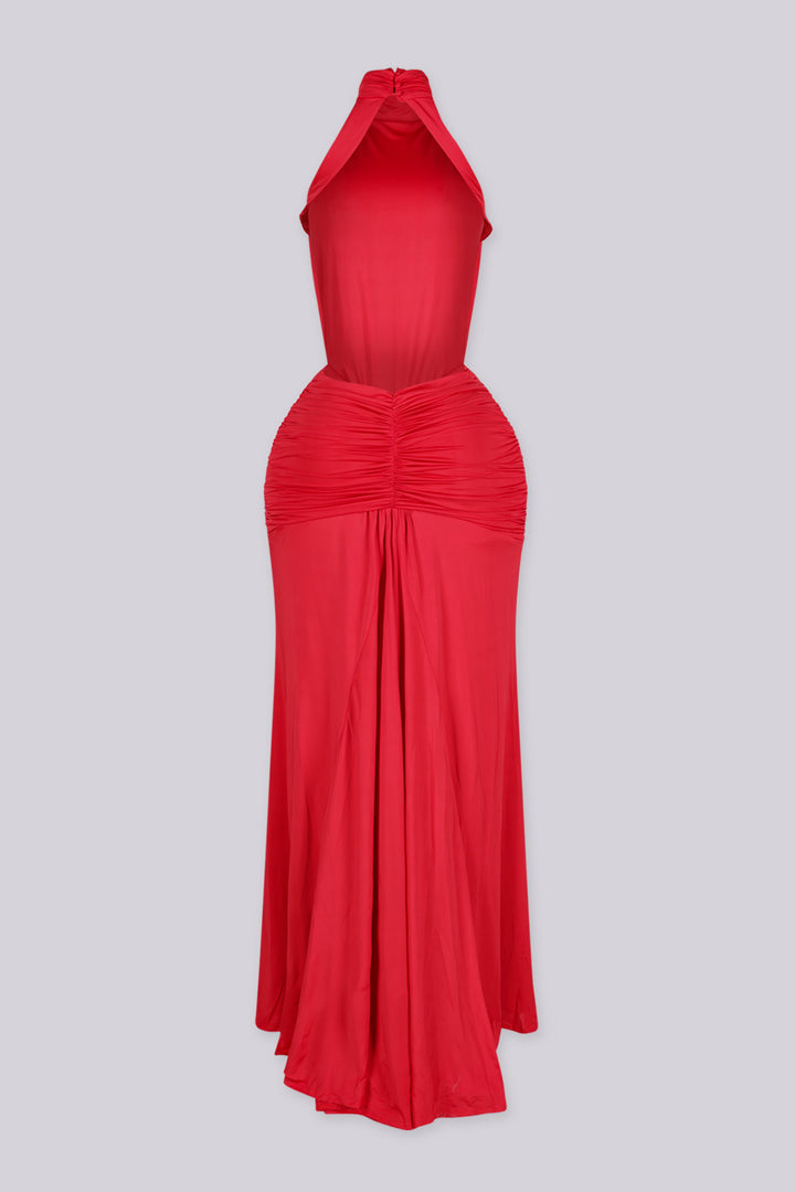 Halter neckline maxi dress featuring open cutout sides at the waist