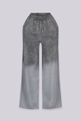 High waist denim fleece pants featuring rhinestone embellished details