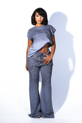 High waist denim fleece pants featuring rhinestone embellished details