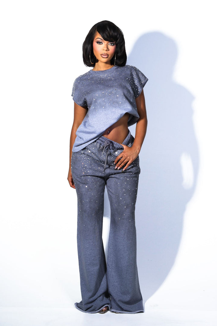 High waist denim fleece pants featuring rhinestone embellished details