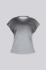 Relaxed boxy fit crew neck top featuring all over rhinestone embellishments