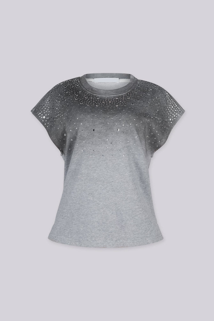 Relaxed boxy fit crew neck top featuring all over rhinestone embellishments