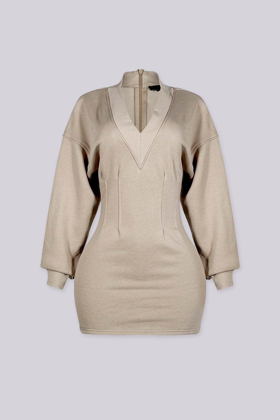Fitted mini dress with a deep V neckline and dolman long sleeves