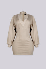 Fitted mini dress with a deep V neckline and dolman long sleeves