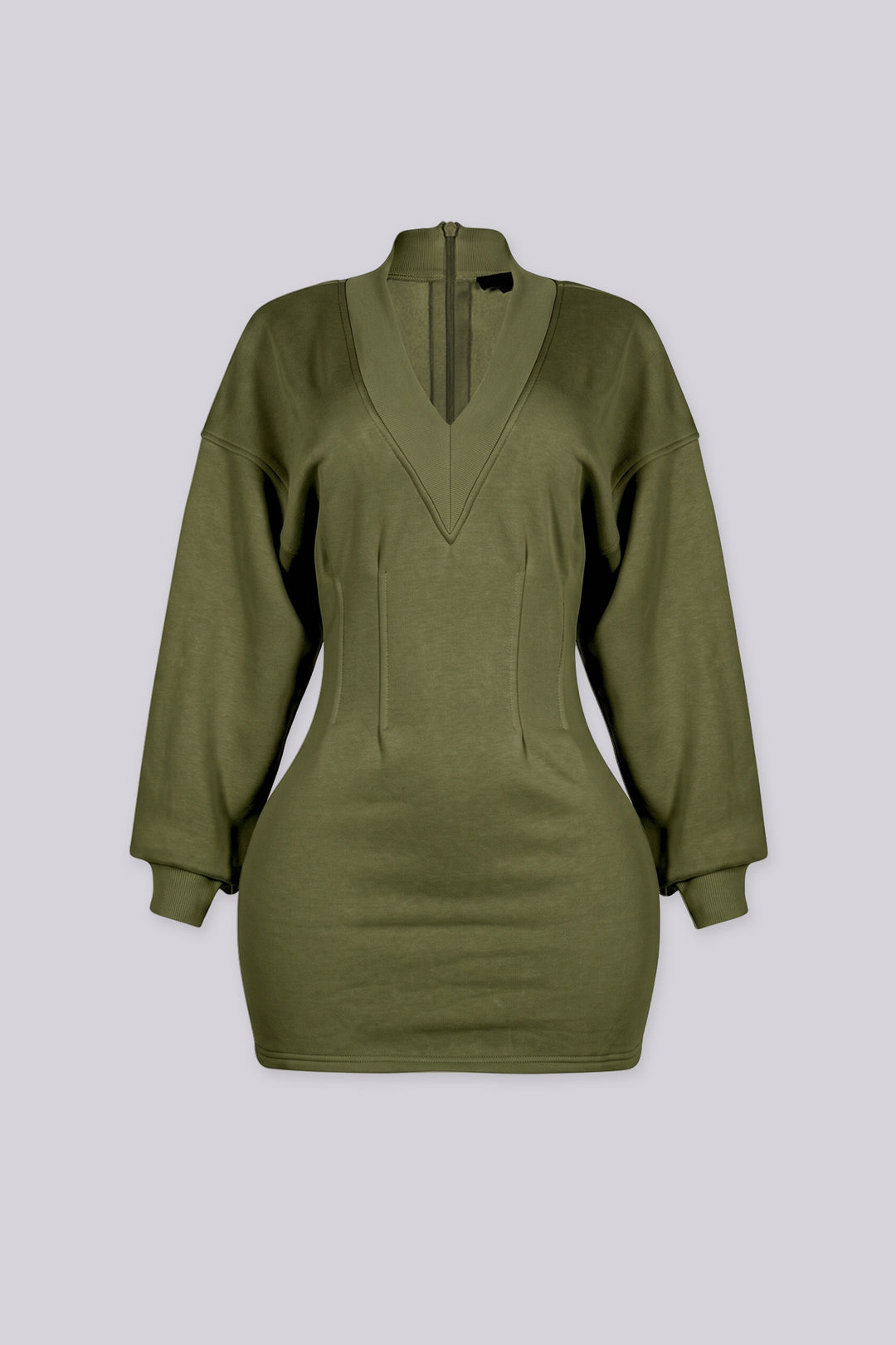 Fitted mini dress with a deep V neckline and dolman long sleeves