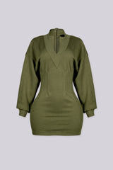 Fitted mini dress with a deep V neckline and dolman long sleeves