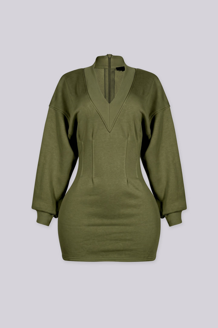 Fitted mini dress with a deep V neckline and dolman long sleeves