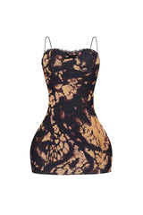 Sleeveless fitted mini dress with thin camisole straps featuring structured sweetheart neckline with lace edging detail