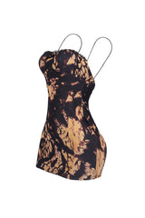Sleeveless fitted mini dress with thin camisole straps featuring structured sweetheart neckline with lace edging detail