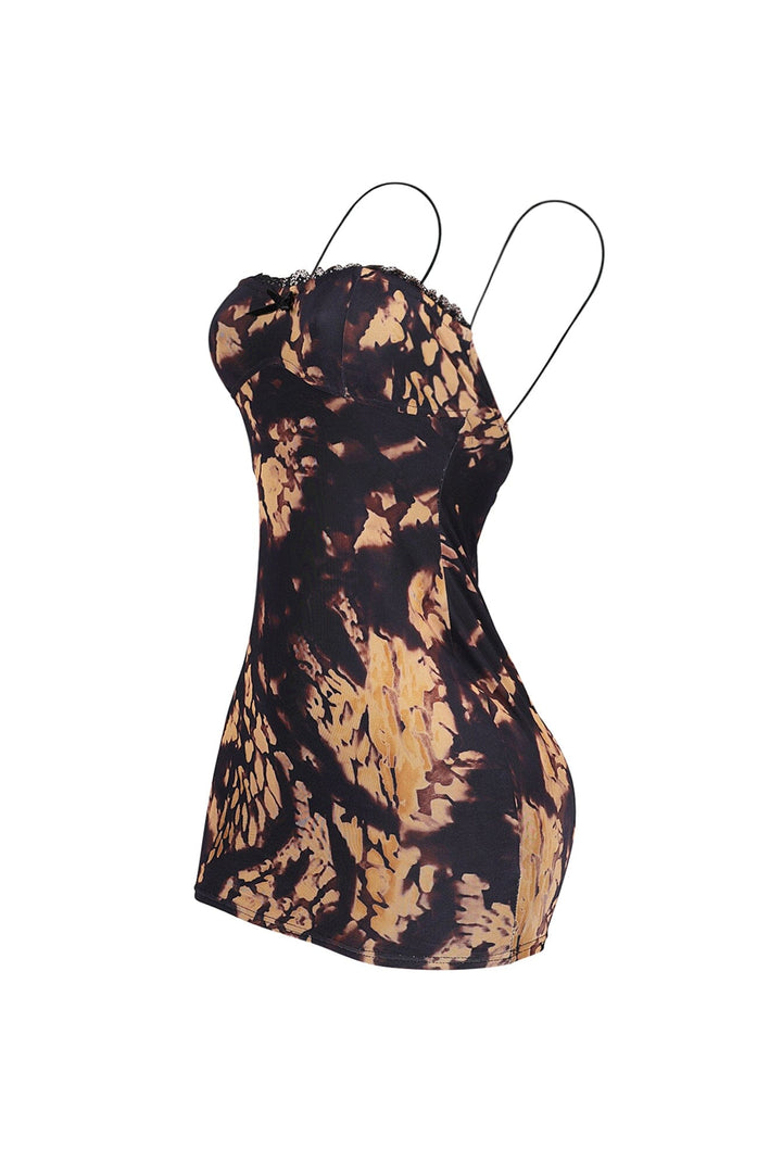 Sleeveless fitted mini dress with thin camisole straps featuring structured sweetheart neckline with lace edging detail