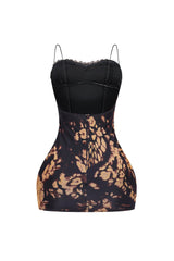 Sleeveless fitted mini dress with thin camisole straps featuring structured sweetheart neckline with lace edging detail
