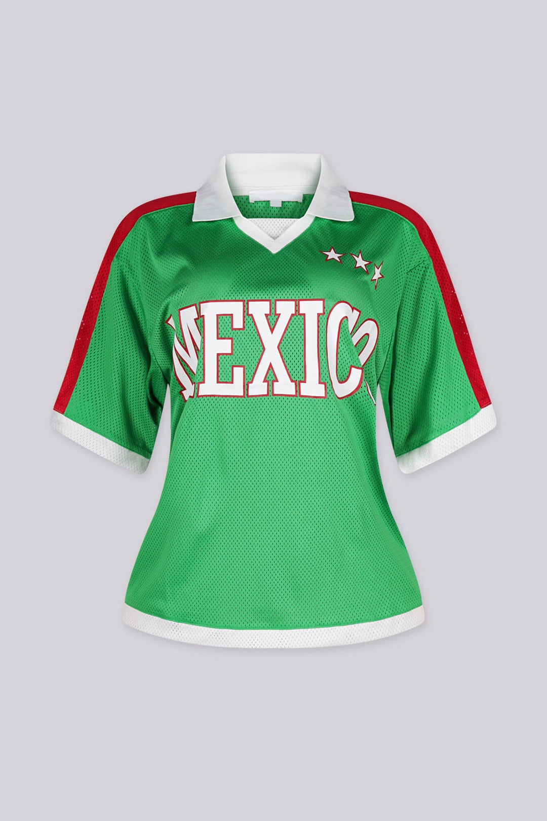 Athletic mesh jersey featuring "MEXICO" V-neck paired with white polo-style collar
