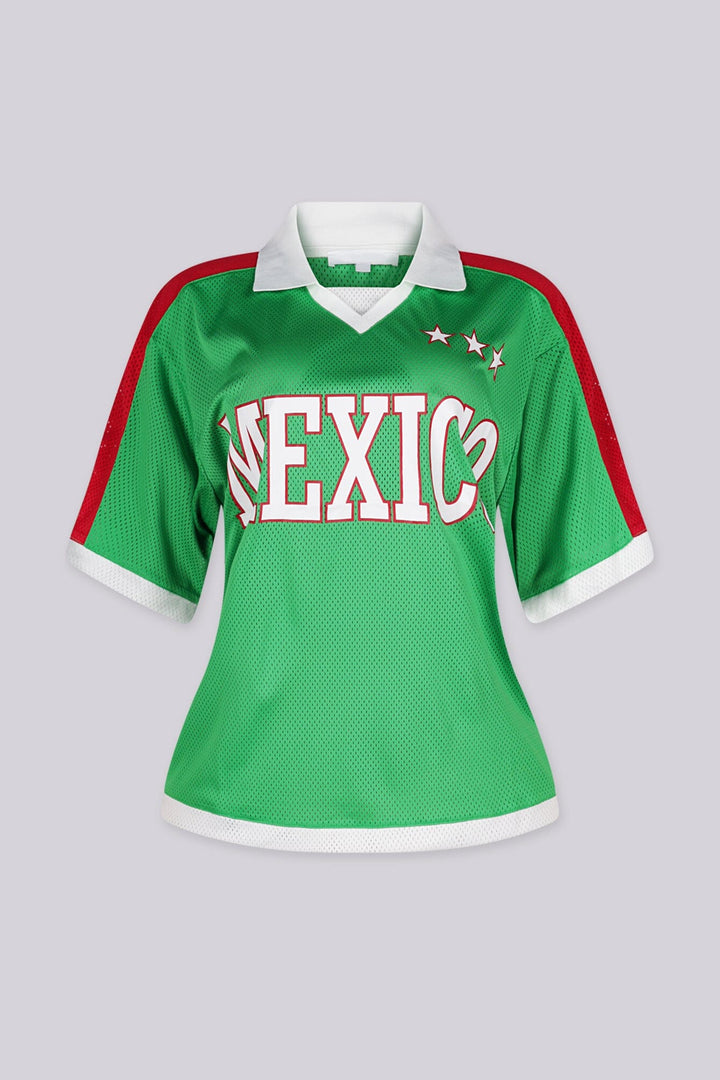 Athletic mesh jersey featuring "MEXICO" V-neck paired with white polo-style collar