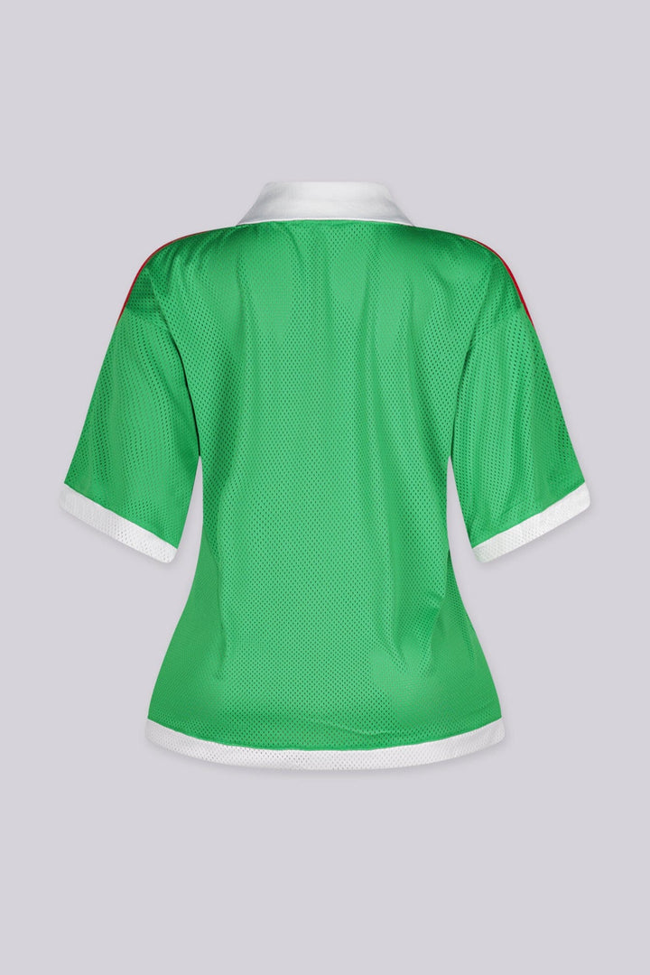 Athletic mesh jersey featuring "MEXICO" V-neck paired with white polo-style collar