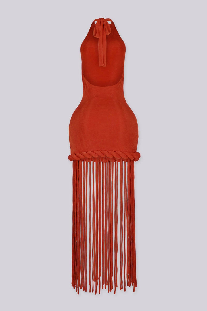 EDGEBYKS -  Tie back halter neck maxi dress fitted through the bodice, back view