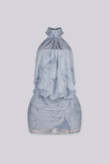 High mock neck halter collar mini dress featuring draped upper body and fitted skirt