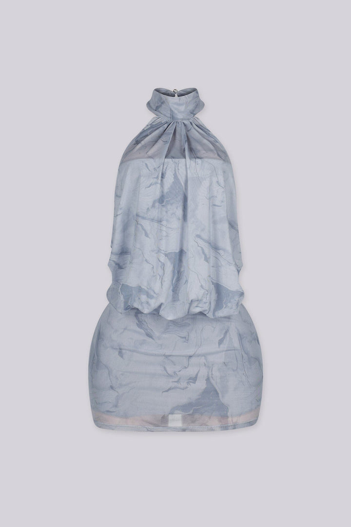 High mock neck halter collar mini dress featuring draped upper body and fitted skirt