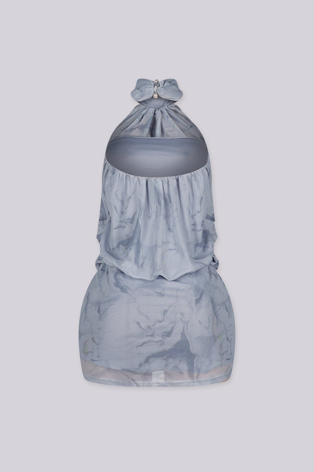 High mock neck halter collar mini dress featuring draped upper body and fitted skirt