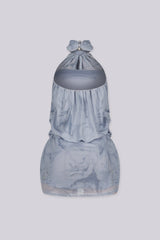 High mock neck halter collar mini dress featuring draped upper body and fitted skirt