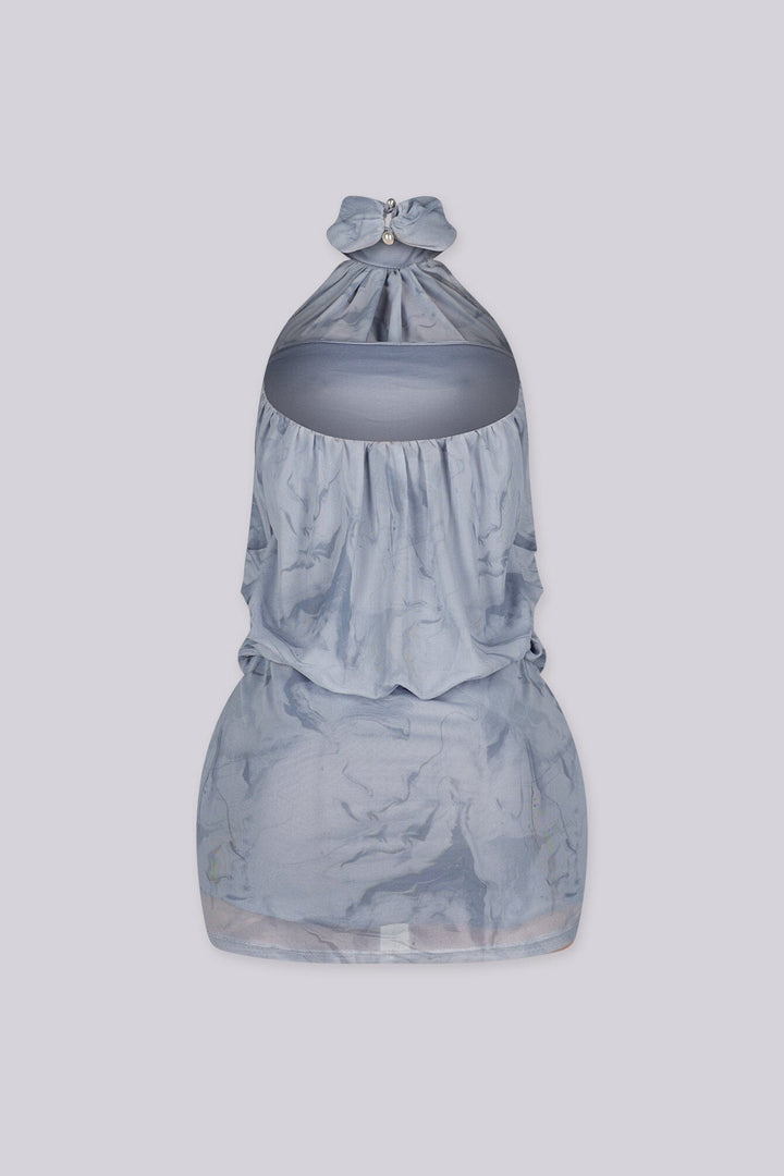 High mock neck halter collar mini dress featuring draped upper body and fitted skirt
