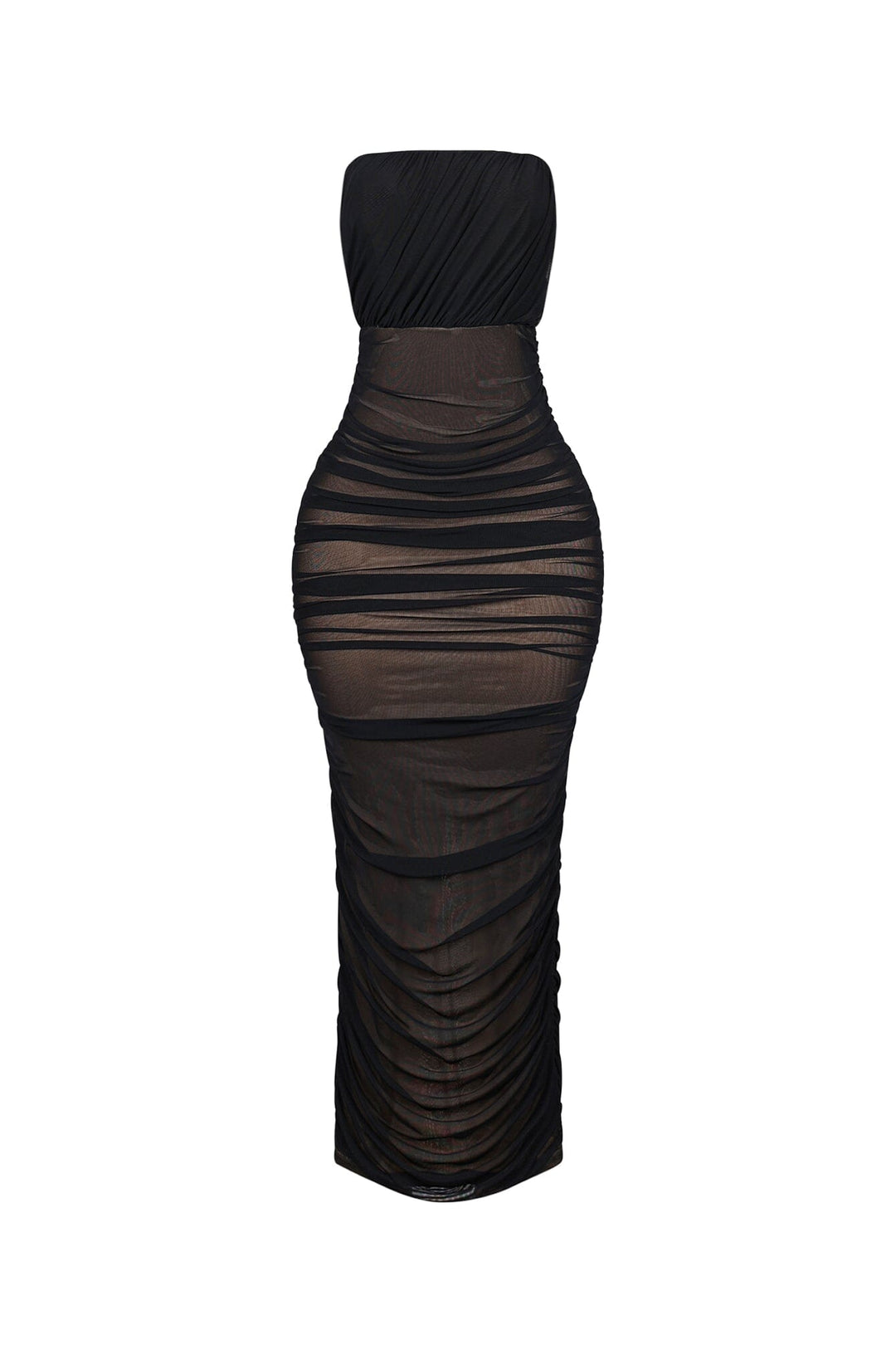 Bodycon mesh tube dress featuring horizontal ruched detailing throughout and a flattering back slit