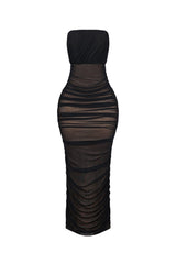 Bodycon mesh tube dress featuring horizontal ruched detailing throughout and a flattering back slit