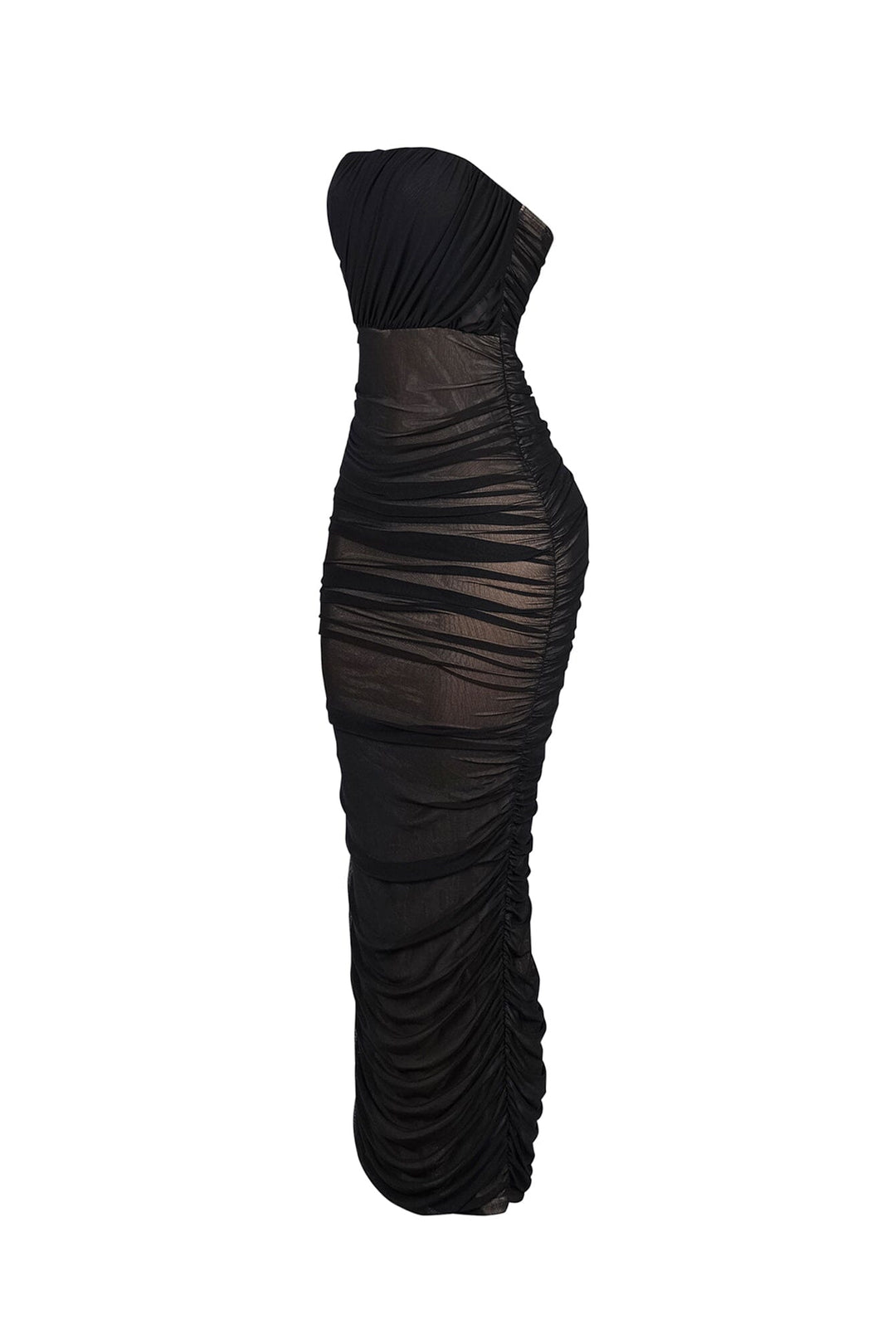 Bodycon mesh tube dress featuring horizontal ruched detailing throughout and a flattering back slit
