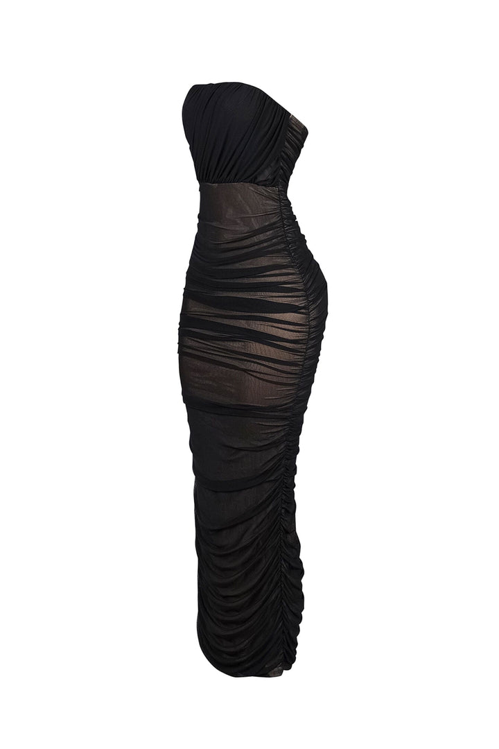 Bodycon mesh tube dress featuring horizontal ruched detailing throughout and a flattering back slit