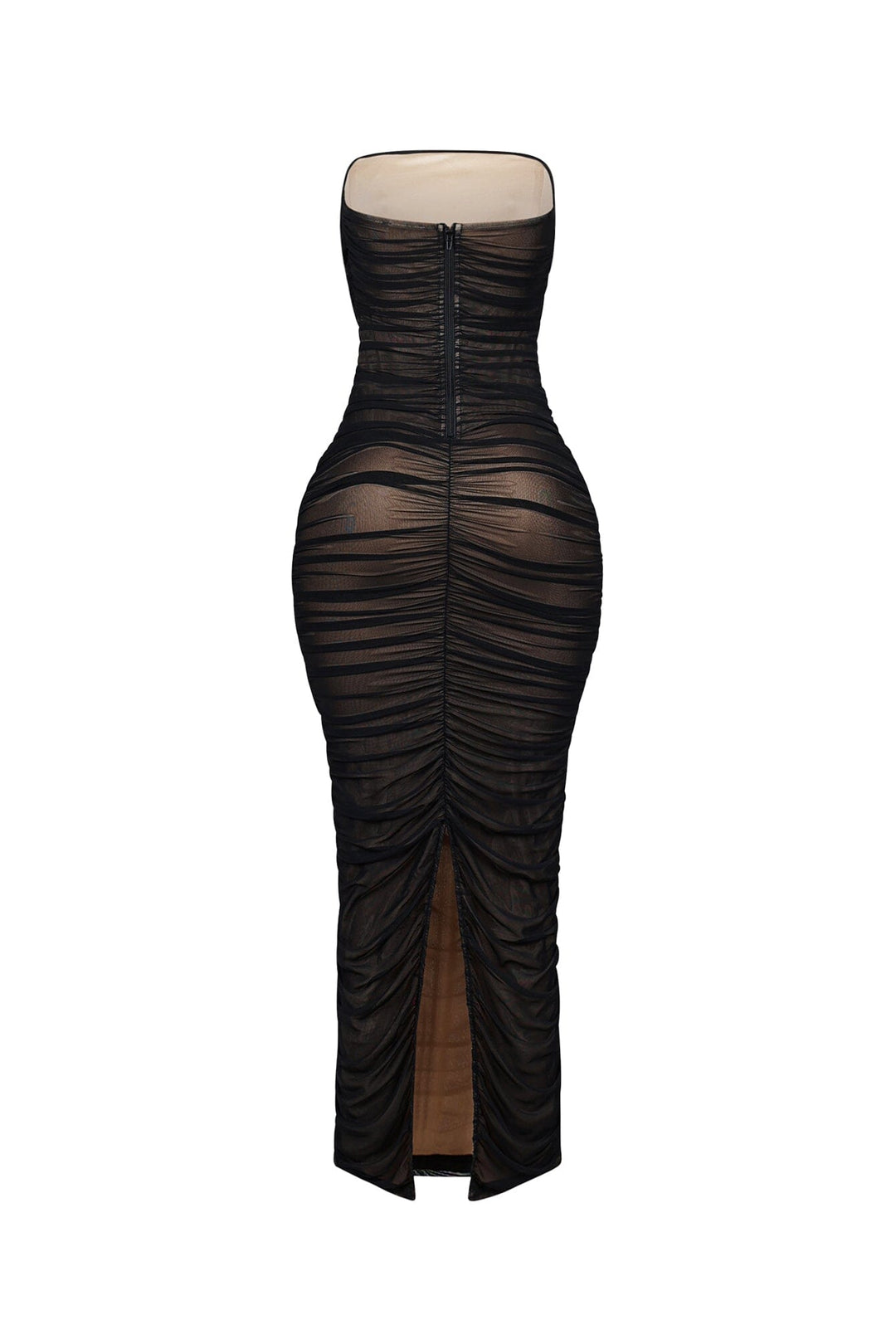 Bodycon mesh tube dress featuring horizontal ruched detailing throughout and a flattering back slit