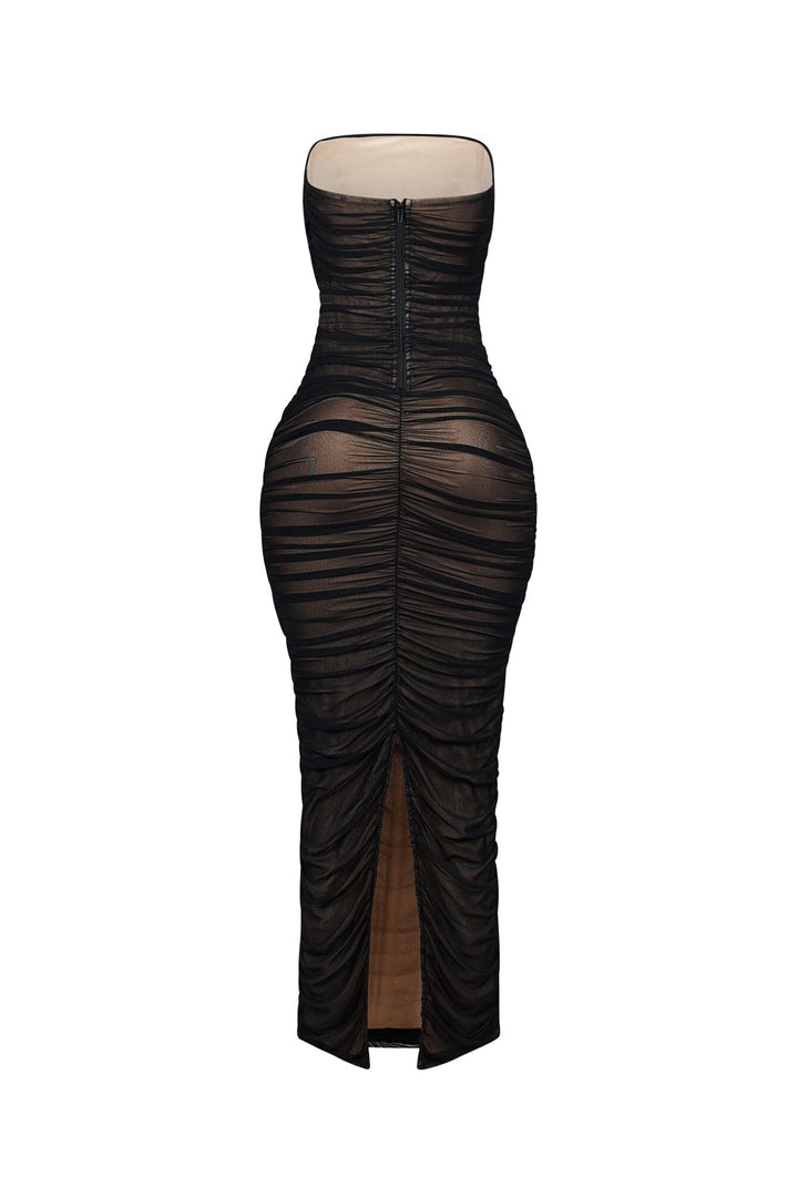 Bodycon mesh tube dress featuring horizontal ruched detailing throughout and a flattering back slit
