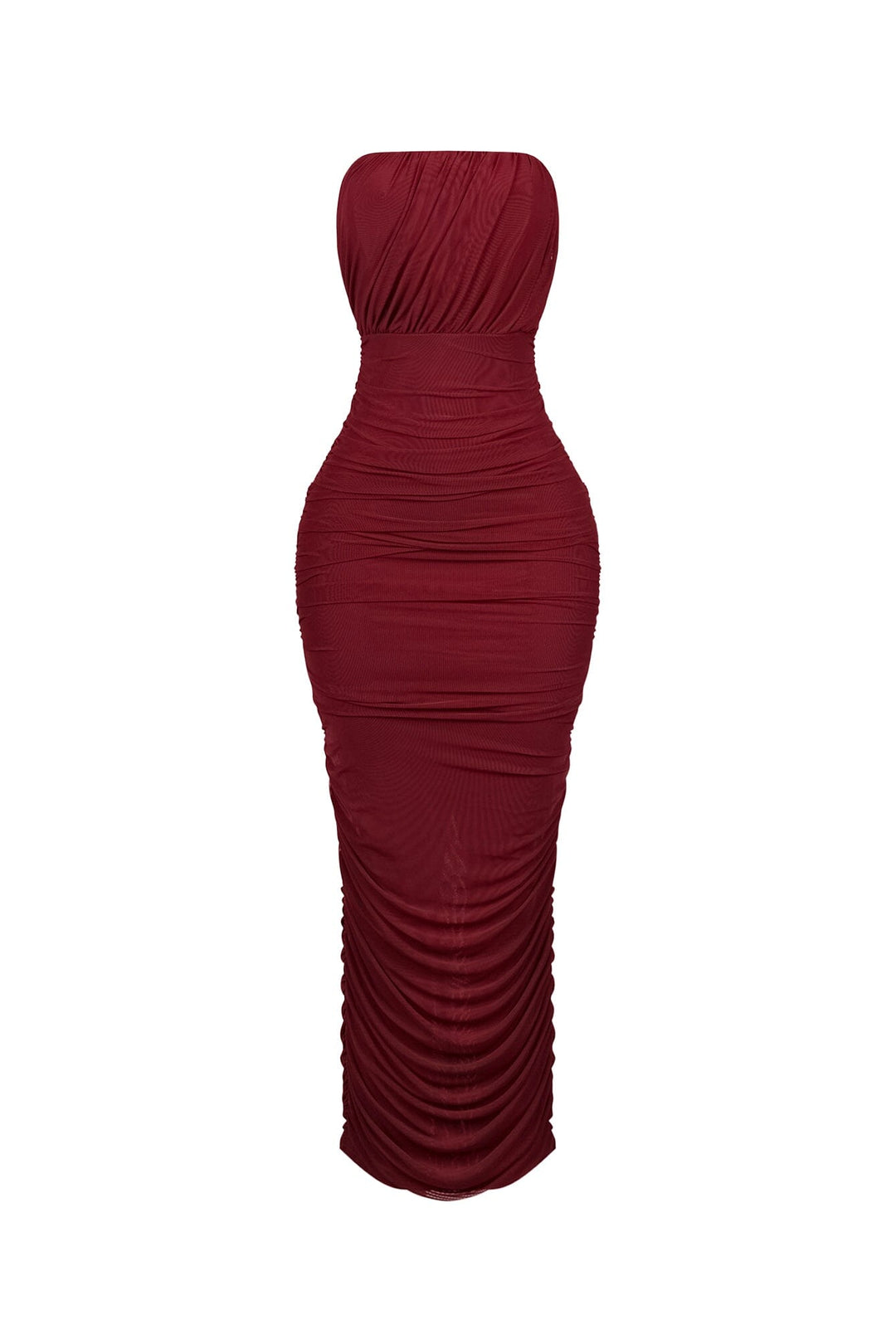 Bodycon mesh tube dress featuring horizontal ruched detailing throughout and a flattering back slit