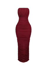Bodycon mesh tube dress featuring horizontal ruched detailing throughout and a flattering back slit